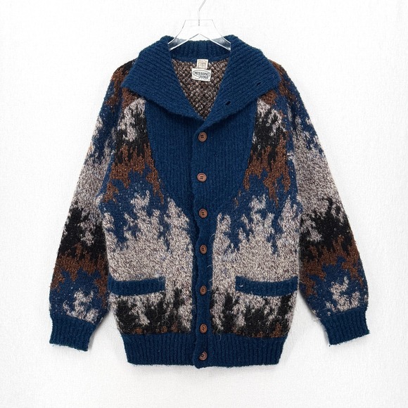 Missoni Sweaters - MISSONI UOMO Vintage 80s Cardigan Sweater Coat Mens Large Brown Blue Funnel Neck